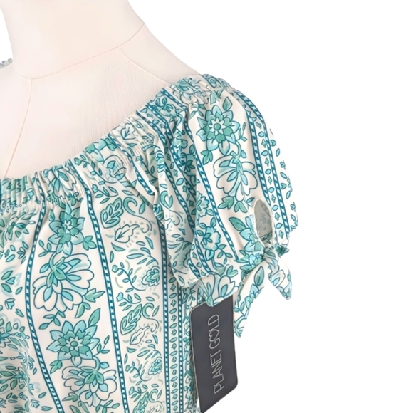 NWT Planet Gold Green Striped Boho Blouse Floral Off Shoulder Tie Sleeve Top S - Picture 3 of 8